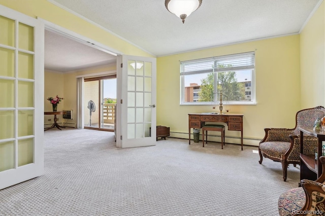 living area with french doors, carpet floors, crown molding, baseboard heating, and lofted ceiling