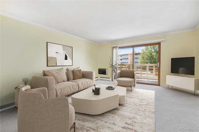 carpeted living room with baseboard heating and crown molding