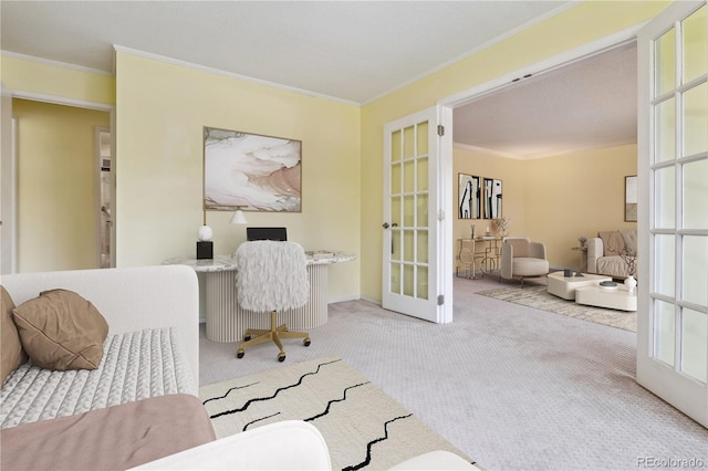 office area featuring light carpet, french doors, and crown molding