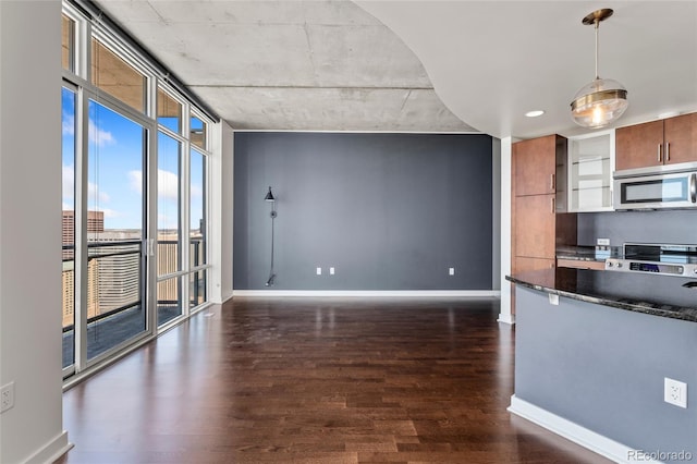 kitchen with dark stone countertops, pendant lighting, stainless steel appliances, and dark hardwood / wood-style floors