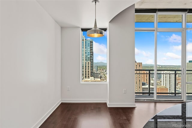 unfurnished dining area with a wall of windows, dark hardwood / wood-style floors, and a healthy amount of sunlight