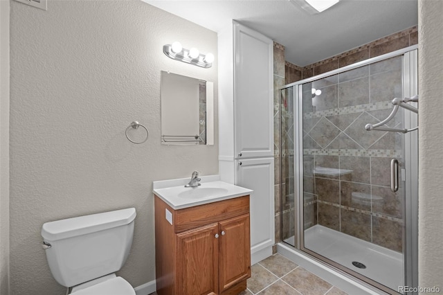 full bath featuring toilet, tile patterned flooring, vanity, and a shower stall
