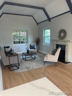 1378 Forest St, Denver, CO 80220 - living area featuring lofted ceiling, wood finished floors, baseboards, and a fireplace