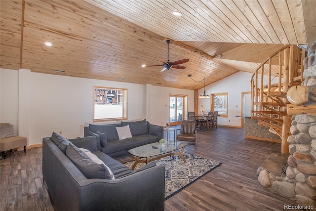 living room with dark hardwood / wood-style floors, vaulted ceiling, ceiling fan, and wood ceiling