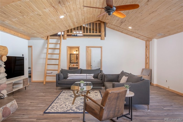 living room with ceiling fan, dark hardwood / wood-style flooring, high vaulted ceiling, and wood ceiling