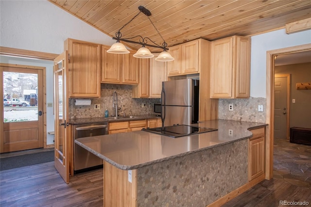 kitchen with pendant lighting, wooden ceiling, sink, dark hardwood / wood-style flooring, and stainless steel appliances