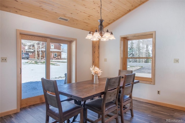 dining area featuring plenty of natural light, dark wood-type flooring, lofted ceiling, and an inviting chandelier