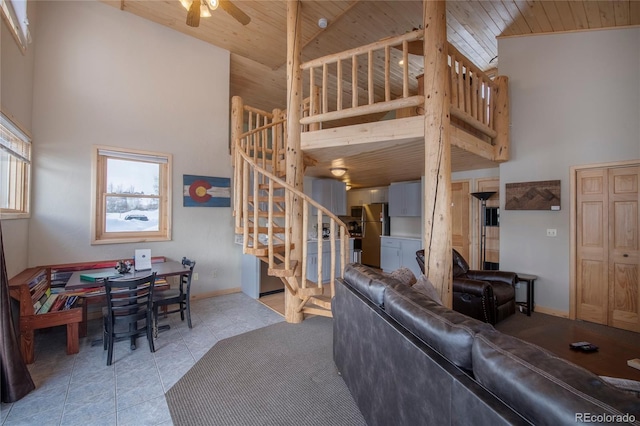 living room featuring light tile patterned floors, high vaulted ceiling, ceiling fan, and wooden ceiling