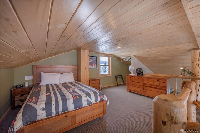 carpeted bedroom featuring vaulted ceiling and wood ceiling