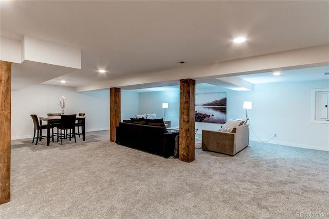 living room with light colored carpet