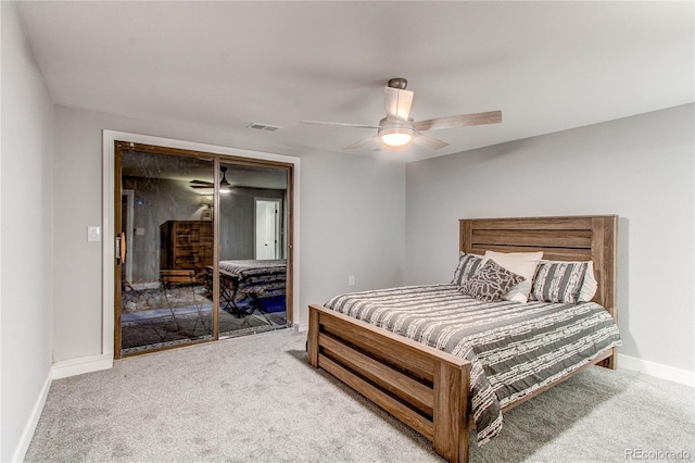 bedroom featuring ceiling fan and light colored carpet