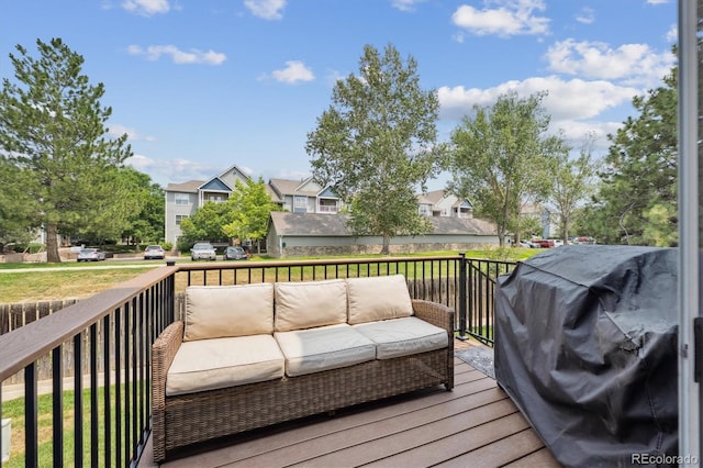 943 Reynolds Farm Ln Unit D8, Longmont, CO 80503 - wooden deck with an outdoor living space, a residential view, and grilling area