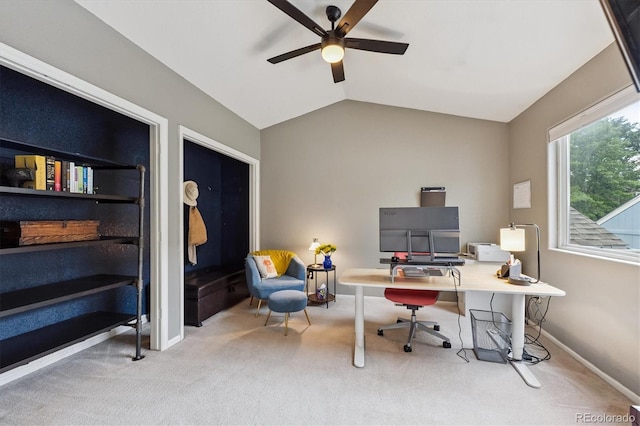 943 Reynolds Farm Ln Unit D8, Longmont, CO 80503 - office area featuring a ceiling fan, carpet flooring, and vaulted ceiling