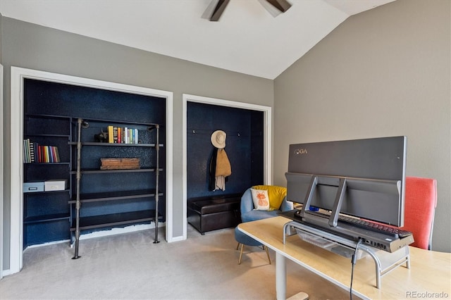 943 Reynolds Farm Ln Unit D8, Longmont, CO 80503 - living area featuring vaulted ceiling, a ceiling fan, and carpet