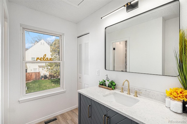bathroom featuring wood finished floors, a textured ceiling, vanity, baseboards, and visible vents