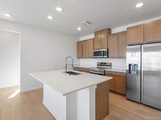 kitchen featuring a kitchen island with sink, stainless steel appliances, a sink, visible vents, and light countertops