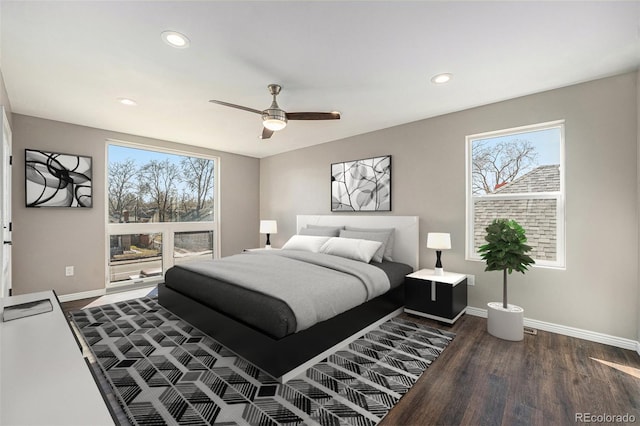 bedroom featuring recessed lighting, baseboards, wood finished floors, and a ceiling fan