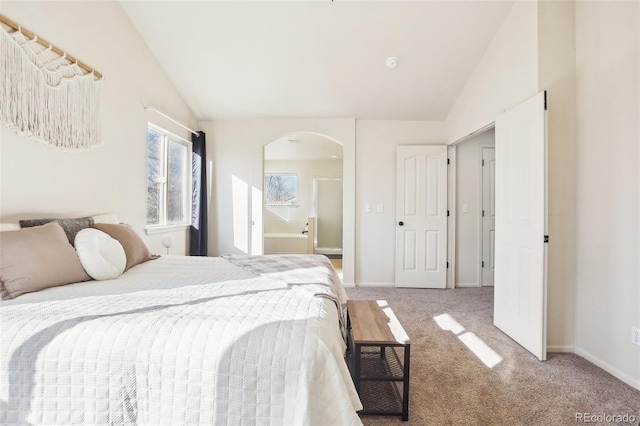 4844 Mt Evans St, Brighton, CO 80601 - bedroom with arched walkways, lofted ceiling, and light colored carpet