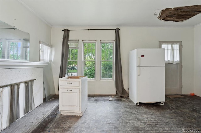1900 S University Blvd, Denver, CO 80210 - kitchen featuring freestanding refrigerator, healthy amount of natural light, crown molding, and a glass covered fireplace