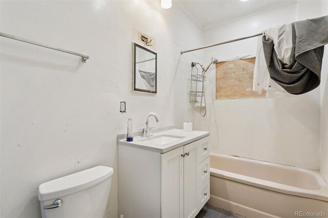 1900 S University Blvd, Denver, CO 80210 - bathroom with toilet, vanity, crown molding, and bathtub / shower combination