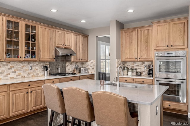 kitchen with dark wood-style floors, appliances with stainless steel finishes, light countertops, under cabinet range hood, and a sink