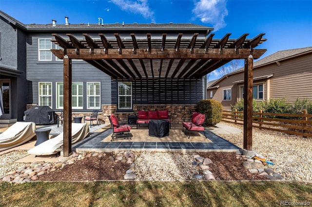 view of patio / terrace with an outdoor hangout area, grilling area, fence, and a pergola