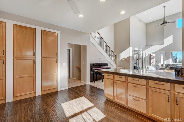 kitchen with light brown cabinetry and high vaulted ceiling