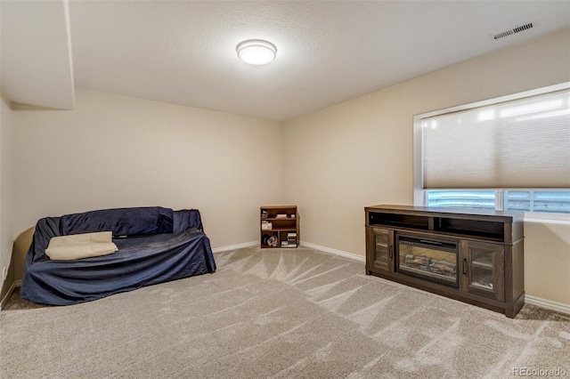 living area featuring a textured ceiling and light carpet