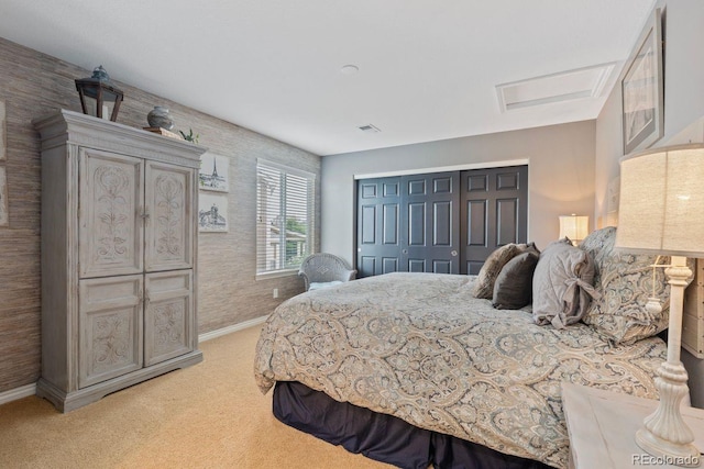 7408 Sodalite Way, Castle Rock, CO 80108 - bedroom with baseboards, light colored carpet, attic access, and a closet