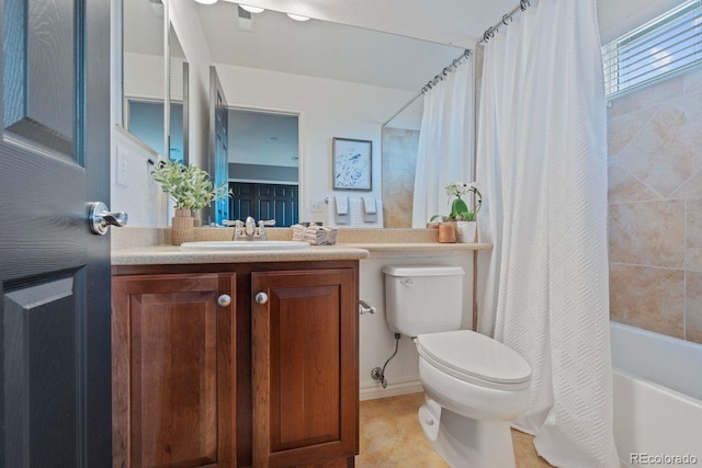 7408 Sodalite Way, Castle Rock, CO 80108 - bathroom featuring toilet, vanity, shower / bath combination with curtain, and tile patterned flooring