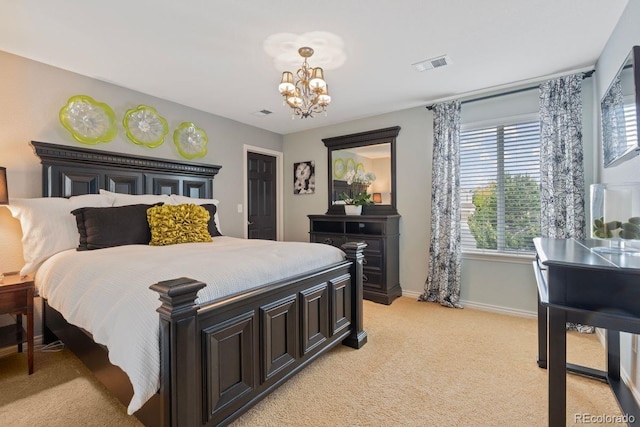 7408 Sodalite Way, Castle Rock, CO 80108 - bedroom with light carpet, a chandelier, and baseboards