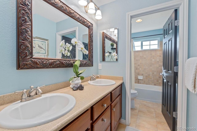 7408 Sodalite Way, Castle Rock, CO 80108 - bathroom with toilet, double vanity, shower / bathtub combination with curtain, and tile patterned flooring