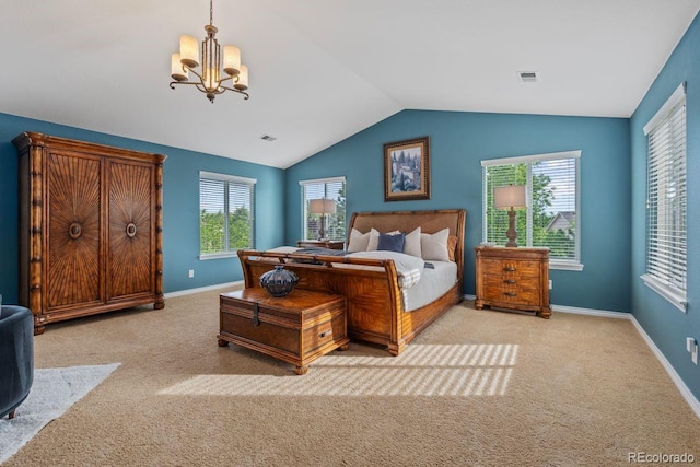7408 Sodalite Way, Castle Rock, CO 80108 - bedroom featuring light colored carpet, a chandelier, vaulted ceiling, and baseboards