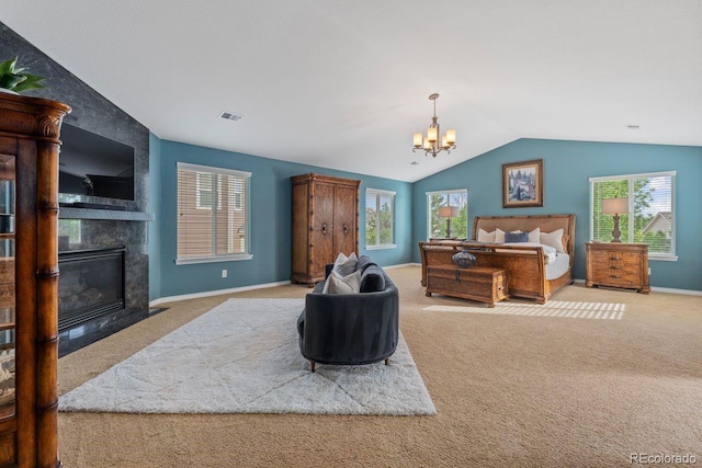 7408 Sodalite Way, Castle Rock, CO 80108 - bedroom featuring carpet, lofted ceiling, a chandelier, a large fireplace, and baseboards