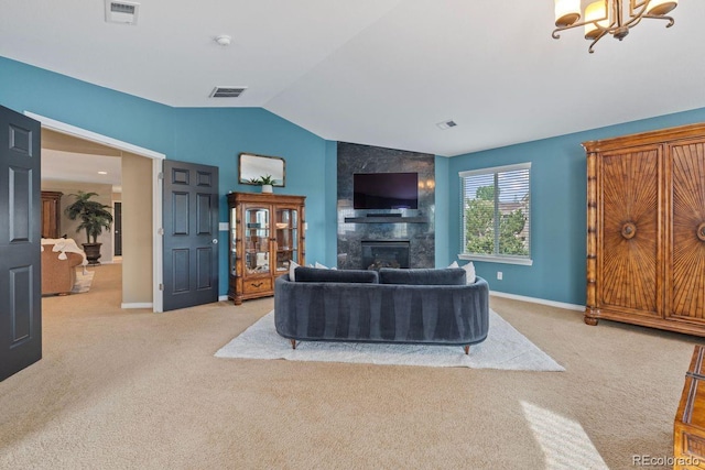 7408 Sodalite Way, Castle Rock, CO 80108 - living room with light carpet, vaulted ceiling, a large fireplace, a chandelier, and baseboards