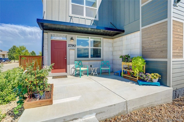 entrance to property with board and batten siding