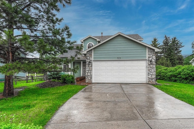 123 Wheat Ridge St, Palmer Lake, CO 80133 - view of front of home with stone siding, concrete driveway, a garage, and a shingled roof