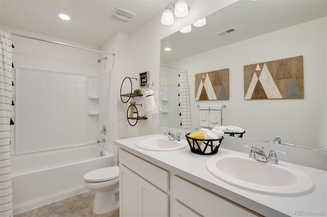 full bathroom with vanity, bathtub / shower combination, and toilet