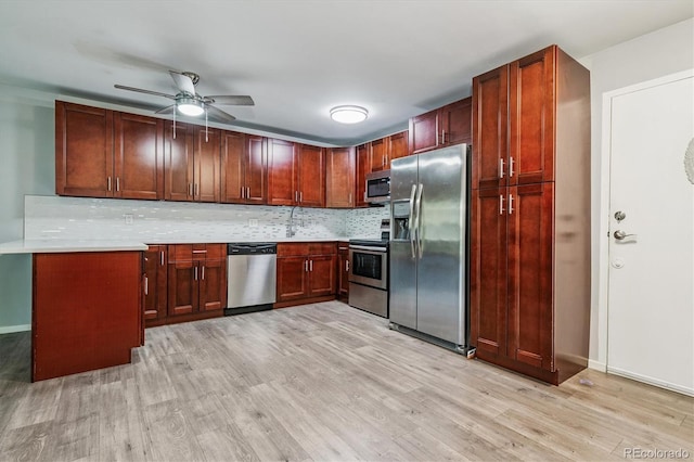 595 S Alton Way Unit 7B, Denver, CO 80247 - kitchen with stainless steel appliances, light wood finished floors, decorative backsplash, and light countertops