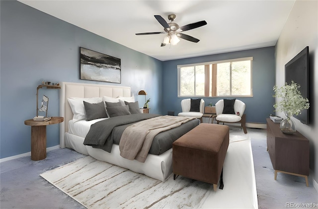 595 S Alton Way Unit 7B, Denver, CO 80247 - bedroom featuring carpet floors, a baseboard heating unit, and a ceiling fan