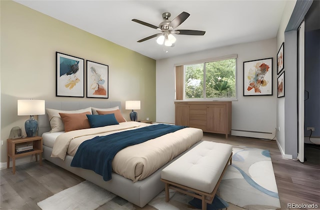 595 S Alton Way Unit 7B, Denver, CO 80247 - bedroom featuring wood finished floors, baseboard heating, and a ceiling fan