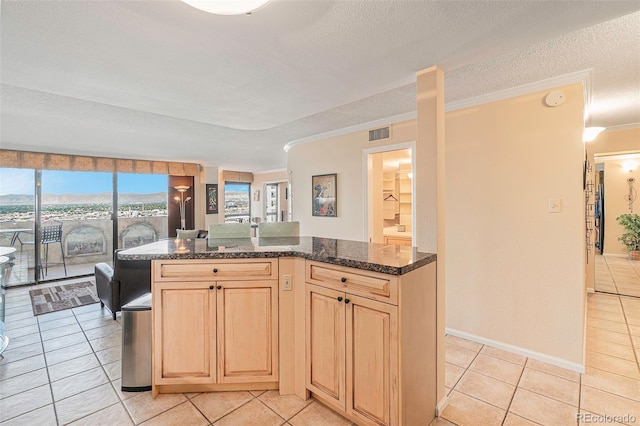 kitchen with a textured ceiling, dark stone counters, ornamental molding, and light tile patterned flooring