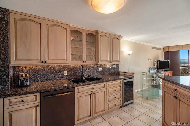 kitchen with ornamental molding, sink, beverage cooler, backsplash, and dishwasher