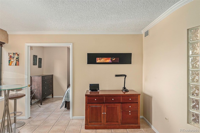 tiled office with a textured ceiling and crown molding