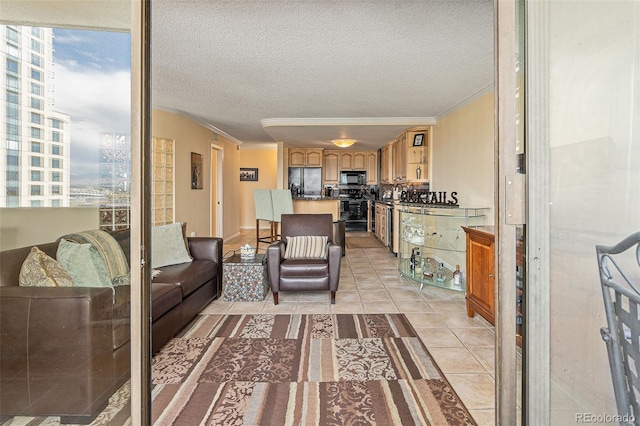 living room featuring crown molding and light tile patterned floors