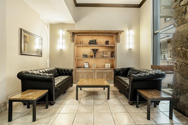 living area featuring a textured ceiling and crown molding