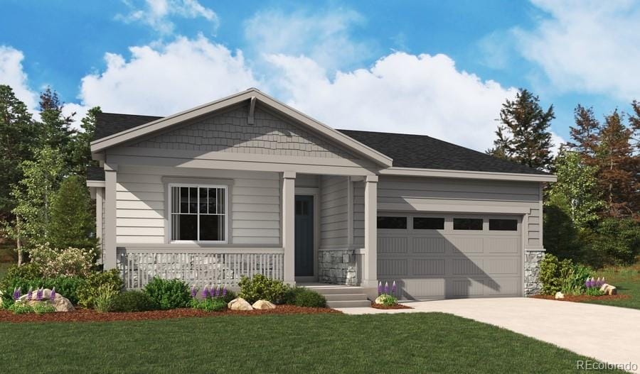 24745 E 41st Ave, Aurora, CO 80019 - view of front facade featuring driveway, an attached garage, a porch, and stone siding