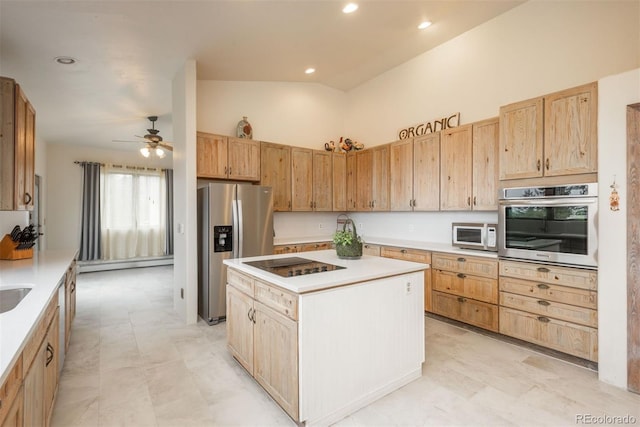 kitchen featuring recessed lighting, a center island, ceiling fan, light countertops, and appliances with stainless steel finishes