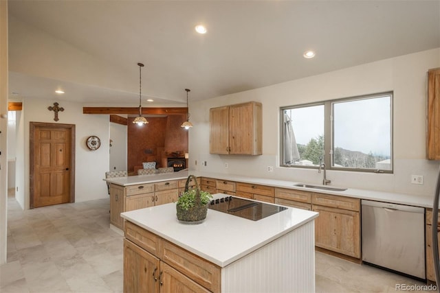 kitchen featuring a sink, a peninsula, black electric stovetop, light countertops, and stainless steel dishwasher