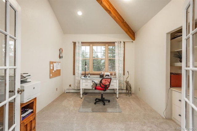office with carpet flooring, french doors, and vaulted ceiling with beams